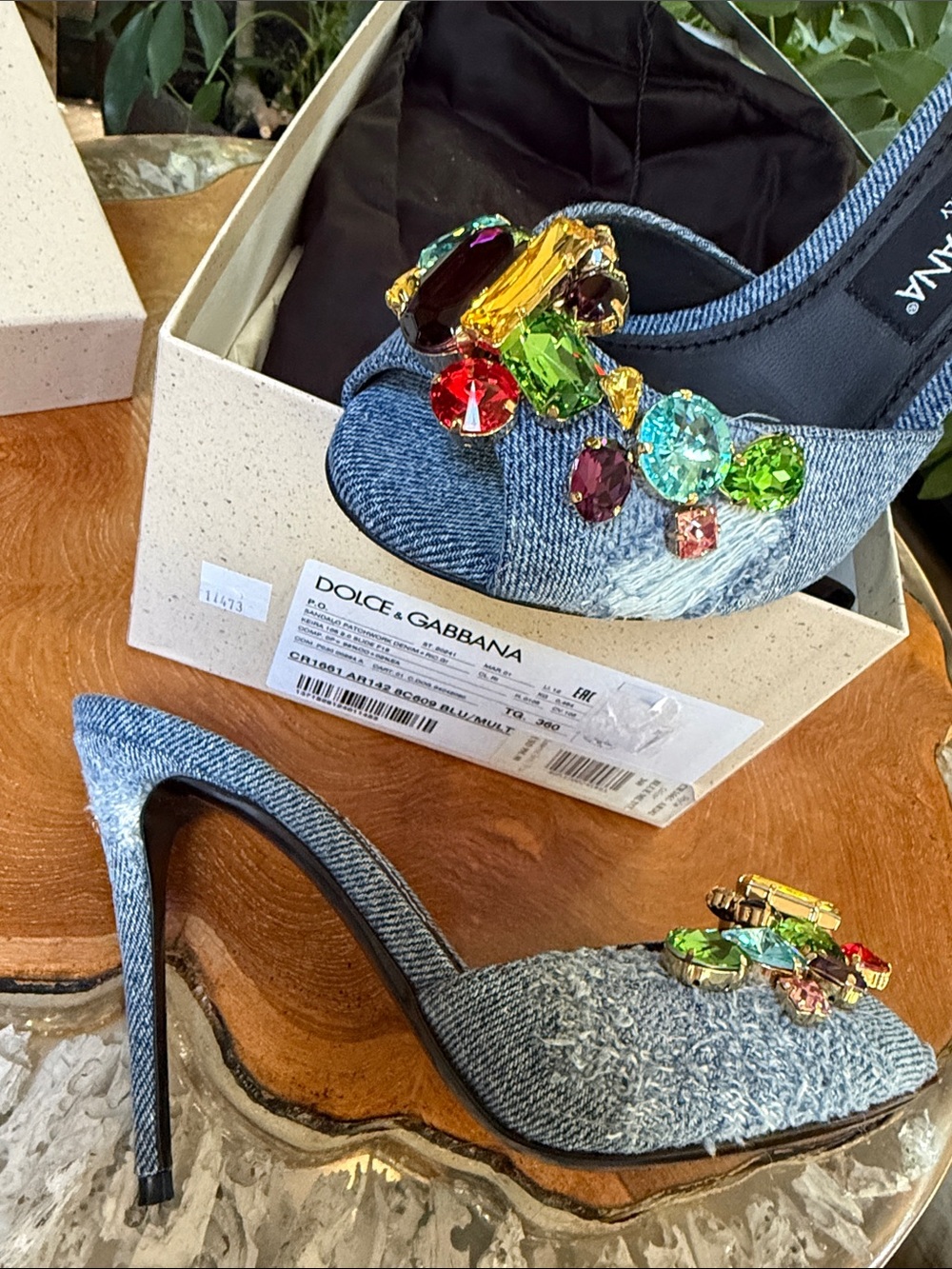 Dolce & Gabbana Denim Mules with Multicolored Gem Embellishments - Picture 7 of 13